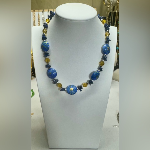 Elegant Blue and Gold Beaded Necklace - Picture 1 of 5